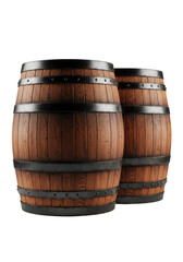 Fototapeta premium two french-style dark mahogany oak wine barrels, detailed photorealistic product shot featuring high-key lighting against a transparent studio background with copy space. concept of wine aging