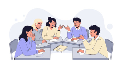 Business Meeting Discussion with Five Professionals Engaged in a Collaborative Conversation