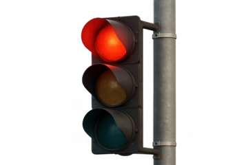 Traffic light showing red signal indicating stop, danger, and attention at an intersection, transparent background