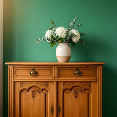 Vintage Wooden Cabinet  White Flowers on Green Wall
