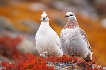 Svalbard rock ptarmigan standing on colorful red vegetation in breeding plumage during mating season
