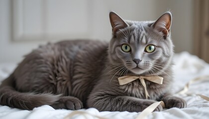 Portrait of a grey cat lying on a white blanket, adorned with a decorative ribbon