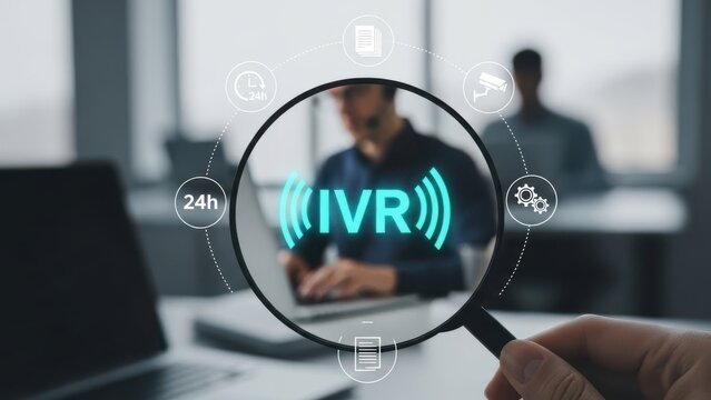Automated IVR Support: Magnifying glass focusing on glowing IVR icon for 24h voice response service