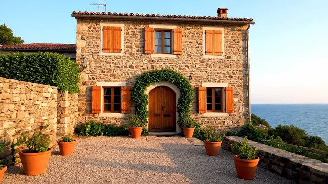 Charming exterior of old stone house in traditional Mediterranean style, with rustic garden terrace, rocky soil, Panoramic views of sea, gravel paths and surrounded by Terracotta herbs pots