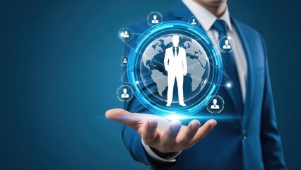 Worldwide Executive Search: Businessman presenting glowing world map with central leader icon for global recruitment