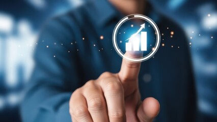 Strategic Profit Visualization: Hand touching glowing rising bar graph icon for corporate success tracking