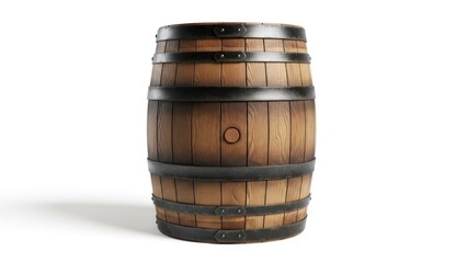 Obraz premium Rustic wooden barrel with metal hoops isolated on a white background