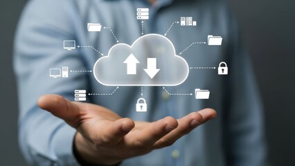 Cloud Computing Infrastructure: Hand held above open palm with glowing cloud and data exchange icons for remote information storage