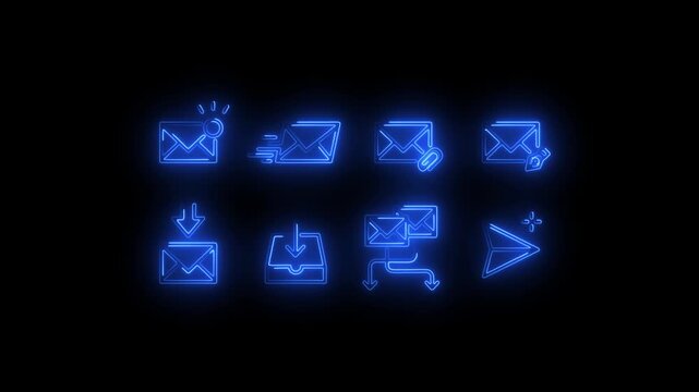 Futuristic neon line email icons set showing message sending, receiving, inbox, outbox, notification, attachment, forwarding, and paper plane send symbol. Glowing outline icons on dark background, 