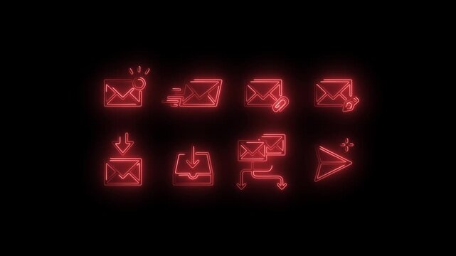 Futuristic neon line email icons set showing message sending, receiving, inbox, outbox, notification, attachment, forwarding, and paper plane send symbol. Glowing outline icons on dark background, 