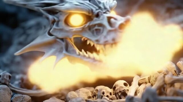 Skeletal dragon skull with glowing eyes resting on rocky landscape at dusk