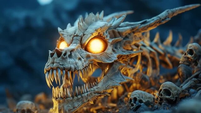 Skeletal dragon skull with glowing eyes resting on rocky landscape at dusk