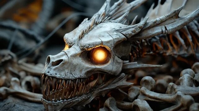 Skeletal dragon skull with glowing eyes resting on rocky landscape at dusk
