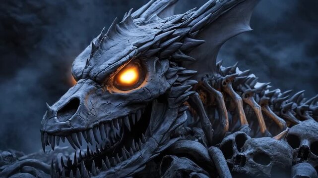 Skeletal dragon skull with glowing eyes resting on rocky landscape at dusk