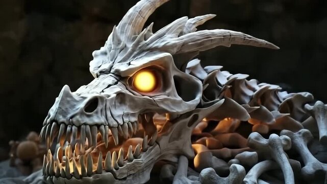 Skeletal dragon skull with glowing eyes resting on rocky landscape at dusk