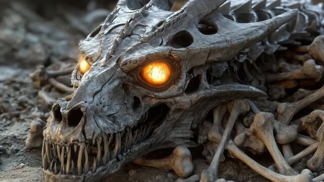 Skeletal dragon skull with glowing eyes resting on rocky landscape at dusk