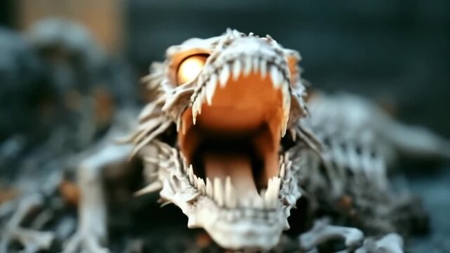 Skeletal dragon skull with glowing eyes resting on rocky landscape at dusk