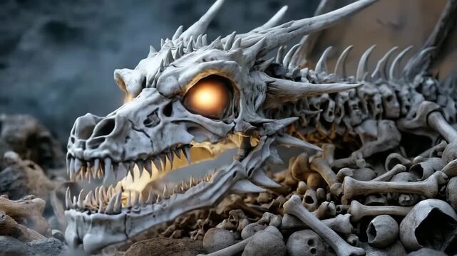 Skeletal dragon skull with glowing eyes resting on rocky landscape at dusk