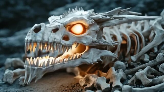 Skeletal dragon skull with glowing eyes resting on rocky landscape at dusk