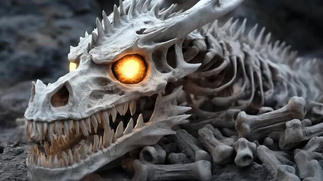 Skeletal dragon skull with glowing eyes resting on rocky landscape at dusk