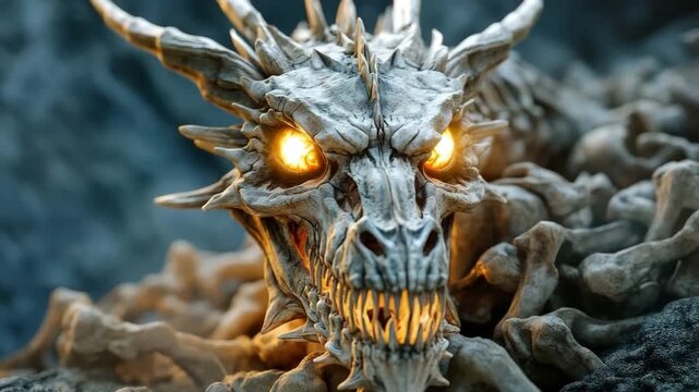 Skeletal dragon skull with glowing eyes resting on rocky landscape at dusk