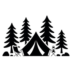 Fototapeta premium Camping scene with tent, pine trees, folding chair, and lantern, black silhouette vector graphic