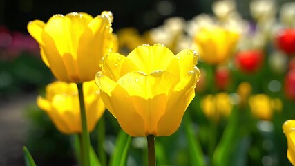 Vibrant yellow tulips stand tall and proud in a beautifully cultivated spring garden their petals glowing under the gentle sunlight creating a cheerful and refreshing natural scene perfect for season.