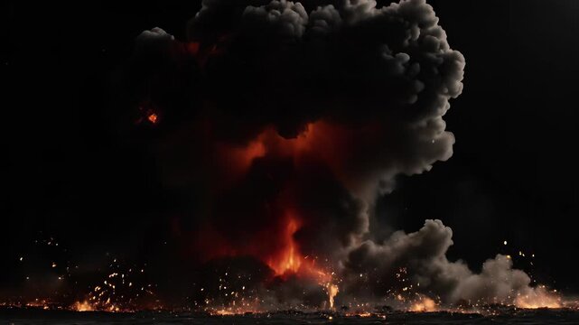 Raging brushfires engulf the darkness, with a massive explosion of fire and smoke erupting in the distance, casting an eerie glow under the full moon, evoking feelings of extreme danger.