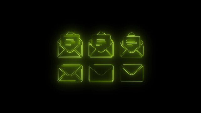  features a set of glowing neon email and message icons, including opened and closed envelopes with message symbols. The modern line illustration style represents email communication, inbox, 