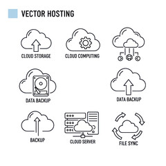 Fototapeta premium Cloud Hosting Services - Storage, Computing, Backup, and File Sync Icons.