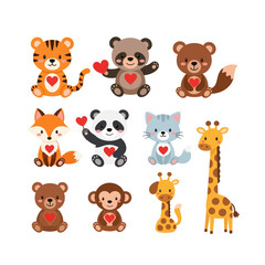 Collection of Adorable Cartoon Animals with Hearts for Valentines Day.