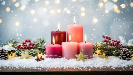 Enchanting Christmas candles glow amidst a snowy winter wonderland backdrop