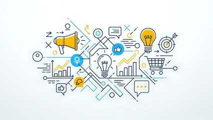 Business marketing strategy concept with icons including megaphone, lightbulb, charts, shopping cart and gears on white background for presentations.