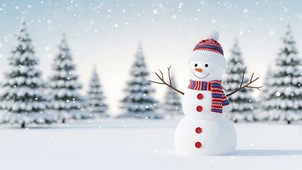 Obraz premium Festive snowman scene with snowfall and evergreen trees capturing winter charm