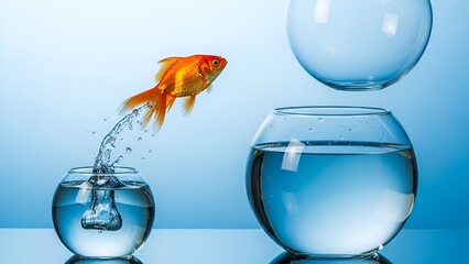 Goldfish leaping from small fishbowl to large fishbowl representing new opportunities