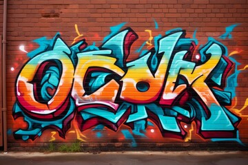 Obraz premium Vibrant graffiti art brightens up a red brick wall with an explosion of color and style