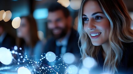 Young blonde businesswoman smiling while looking at digital network connections with glowing dots and lines in modern office environment with colleagues.