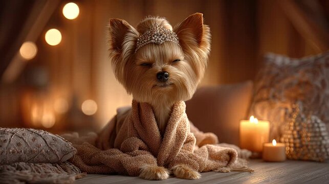 Dog with tiara and robe illuminated by candlelight