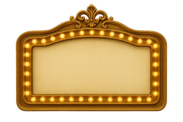 Vintage illuminated theatre marquee banner with ornate gold frame and glowing light bulbs on transparent background