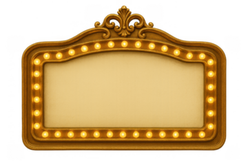 Vintage illuminated theatre marquee banner with ornate gold frame and glowing light bulbs on transparent background