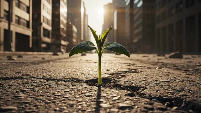 A Young Green Sprout Pushing Through Cracked City Pavement, Symbolizing Hope and Resilience in an Urban Landscape