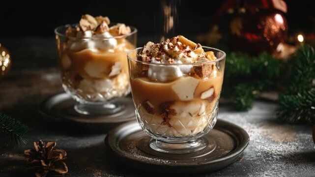 Two scrumptious desserts in glass ramekins topped with nuts and whipped cream, set against a festive holiday tablecloth decorated with pine cones and beads.