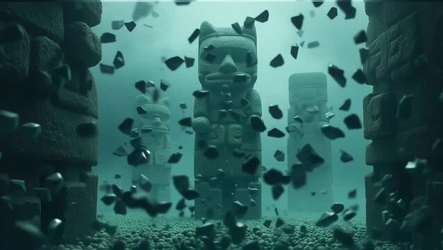 Ancient Underwater Ruins with Monolithic Statues Surrounded by Debris