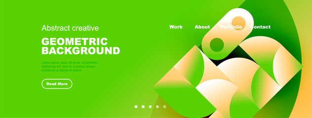 Bright green header design features abstract shapes, text elements, navigation options. Modern style, vibrant colors present.