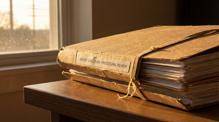 A thick, brown file tied with twine sits on a wooden table. Sunlight streams through a nearby window, softly illuminating the label marked Urgent Case.