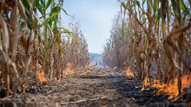 A low-angle shot of a cornfield with flames burning along the rows, creating a dramatic scene.