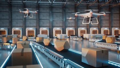 Fototapeta premium Futuristic Automated Logistics Hub with Cargo Drones and Robotics