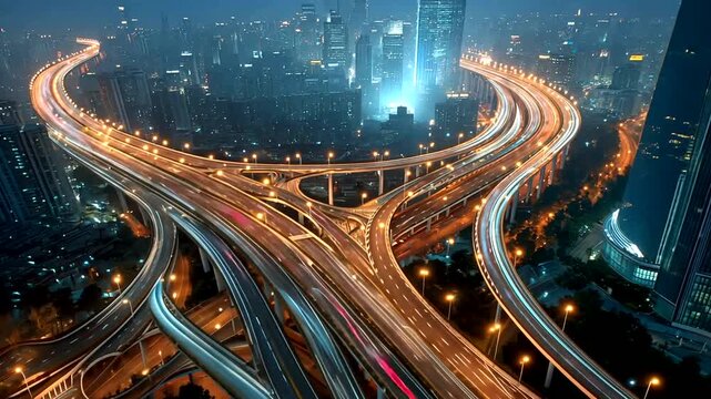 Night view of a busy city intersection with illuminated roads and skyscrapers in the background