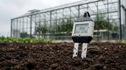 A soil moisture meter is inserted into the soil, displaying a reading of 35% moisture and a...