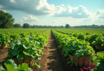 Bountiful Crop Fields Amongst Popcorn-White Cloud Skies Over Bursting Vegetable Orchard Full of Colorful Produce